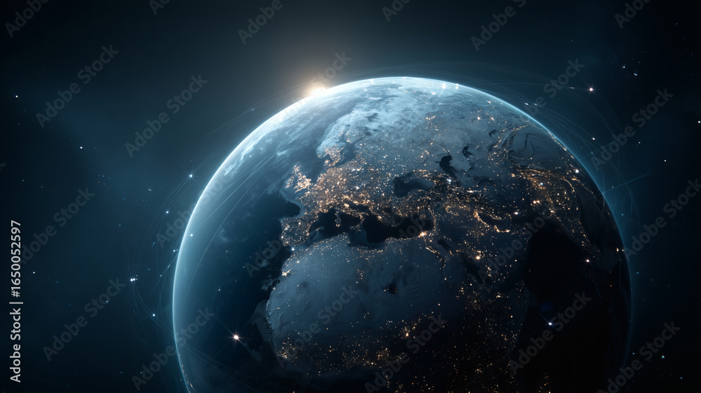 Fototapeta premium A futuristic and elegant product shot of a minimalist holographic globe, with glowing data points and lines extending from it. 