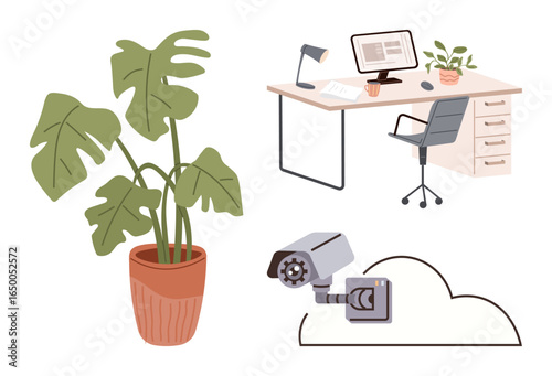Modern office setup with desk, computer, swivel chair, greenery in pots, and CCTV surveillance connecting to cloud. Ideal for office productivity, technology, remote work, privacy security