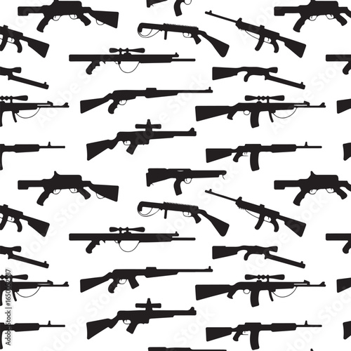 Seamless pattern of various firearm silhouettes including rifles pistols and submachine guns weapon