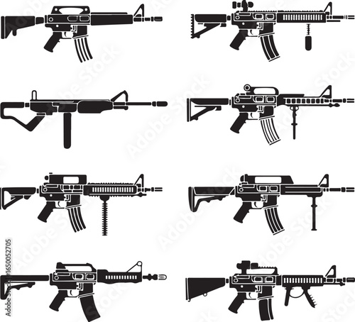 Collection of modern assault rifle silhouettes with detailed features firearm weapon
