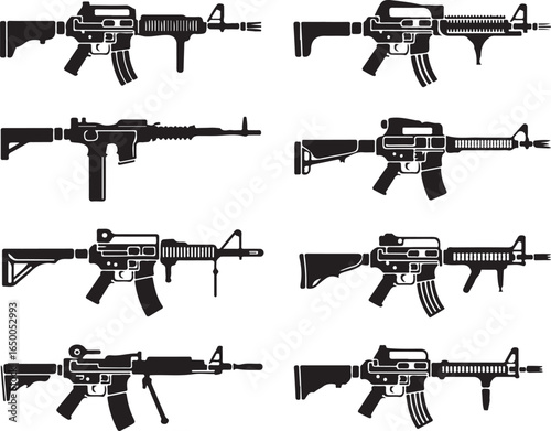 Multiple silhouettes of assault rifles on a white background firearm weapon