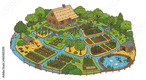 Permaculture Garden Design with House Pond and Chickens