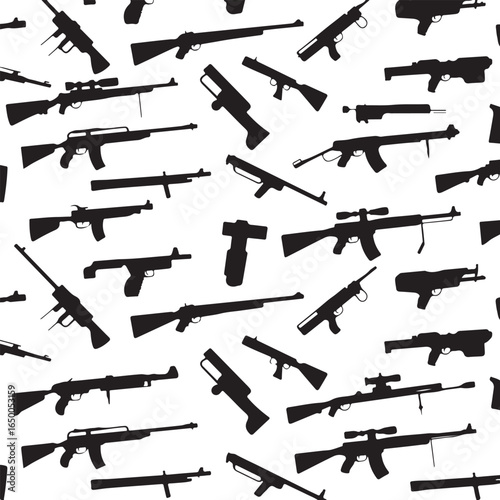 Seamless pattern of various firearm silhouettes on a white background rifle shotgun