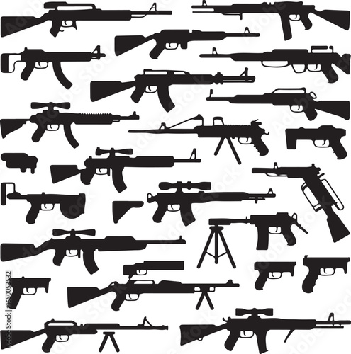 Collection of various assault rifles and submachine guns silhouettes weapon firearm