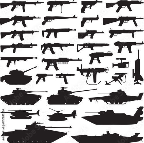 Collection of military hardware silhouettes on a white background rifle shotgun