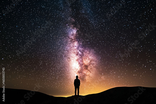 Silhouette of Person Against Stunning Starry Night Sky with Galaxy