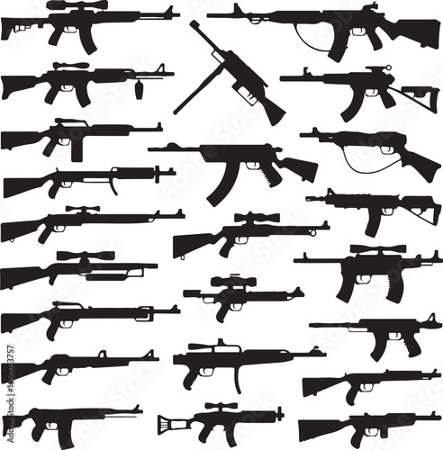 Assortment of rifle and handgun silhouettes on a white background shotgun machine gun