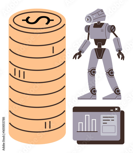 Robot figure next to stacked coins and data analytics interface symbolizes AI and automation in finance and technology. Ideal for fintech, robotics, economy, innovation, future, data insights