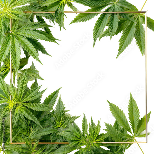 Cannabis Plant with Square Frame: Vibrant green cannabis leaves artfully arranged around a sleek square frame, offering a modern perspective on this botanical wonder.