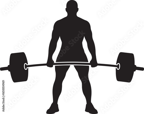 Black silhouette of a muscular man performing a deadlift with a barbell and weights weightlifting