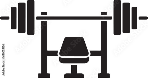 Black silhouette of a weightlifting bench press rack with barbell and seat gym equipment weight rack