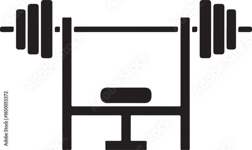 Black silhouette of a weightlifting bench press rack with barbell and weights gym equipment weight rack