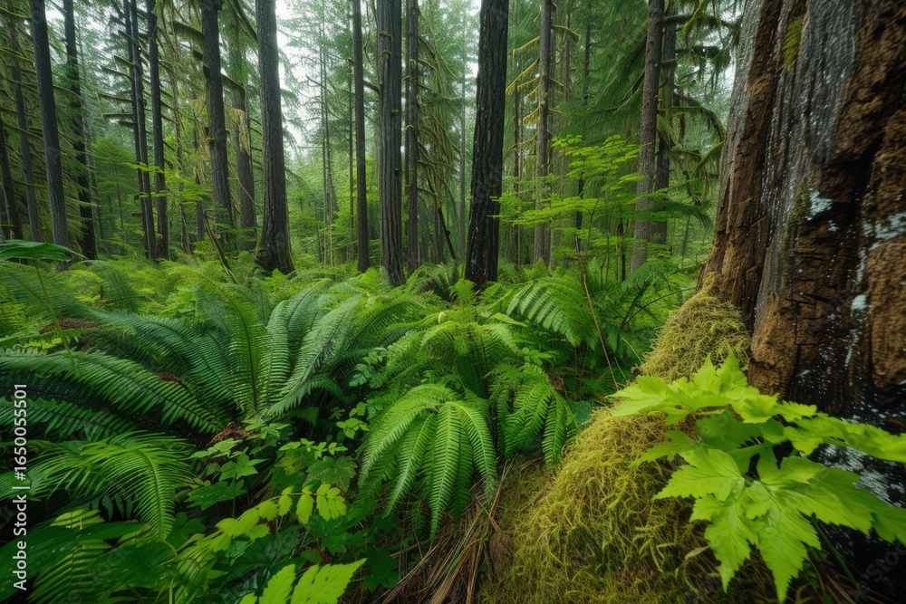 Fototapeta premium Lush ferns and trees in a green forest