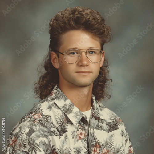 Retro 1990s Mullet Hair Style Portrait Retro Glasses Floral Shirt Classic Vintage Smile Young Male Casual Headshot Identity Personality Friendship Summertime School Memory Emotion Nostalgia
