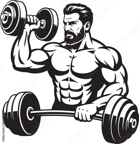 Muscular man with beard lifting dumbbells and barbell in black and white illustration Keywords: man