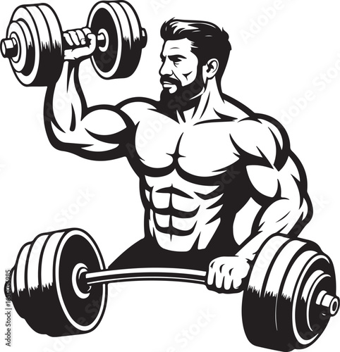 Muscular man with beard lifting dumbbells and barbell in black and white illustration Keywords: man