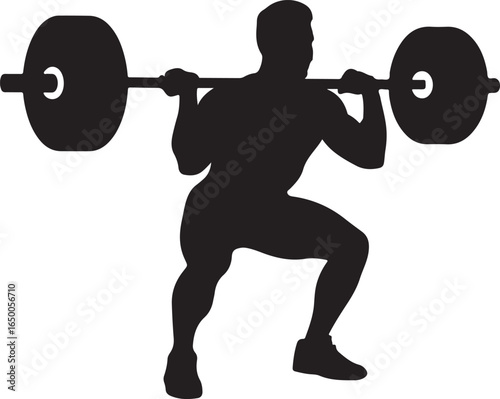 Silhouette of a man performing a barbell squat exercise on white background fitness workout