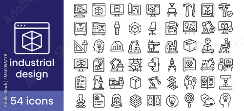 Industrial design icon set for product manufacturing and engineering, with 3D modeling, production, technology, and prototyping symbols.

