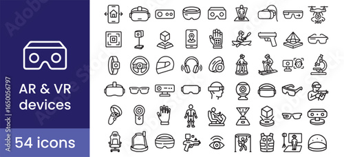 AR and VR icon set for virtual reality, gaming, and technology with headset and glasses symbols.

