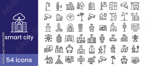 Smart city icon set with urban technology symbols for future infrastructure, IoT, transportation, sustainability, and innovation.

