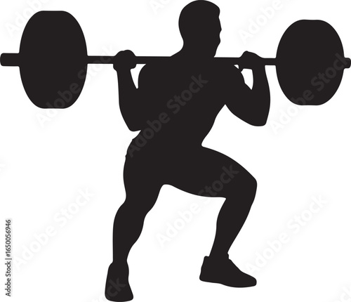 Silhouette of a man performing a barbell squat exercise in a gym Keywords: weightlifting, man