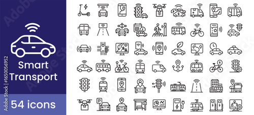 Smart transport icon set for city mobility with car and vehicle line symbols for future technology.

