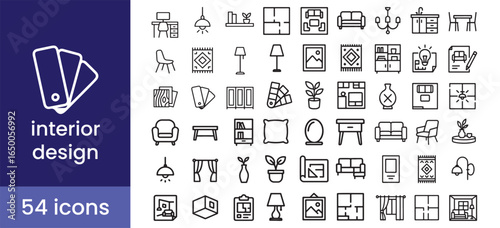 Interior design icon set for home decor, furniture, and decoration, with symbols for a house, room, plan, and style.

