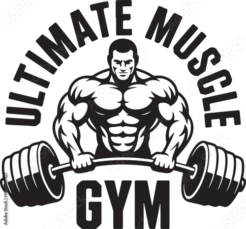 Ultimate Muscle Gym logo with muscular man holding a barbell and weights Keywords: gym, fitness