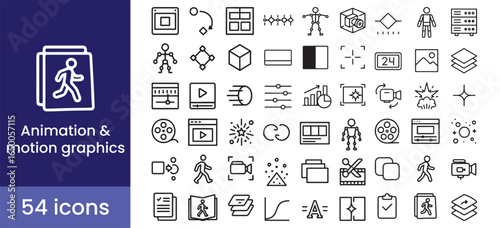Animation and motion graphics icon set with line symbols for video design and visual effects.

