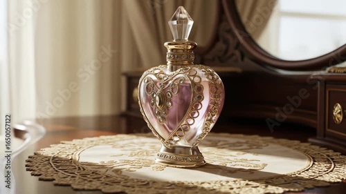 Elegant Perfume Bottle: Heart-Shaped, Luxurious, Decorative, Romantic, Beauty.