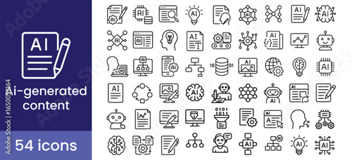 AI content icon set with robot, brain, and chatbot symbols for technology, writing, and automation.

