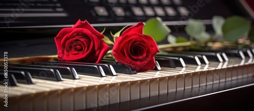 red roses, piano keys, elegant, photorealistic, highly detailed, cinematic lighting, depth of field, vibrant colors

