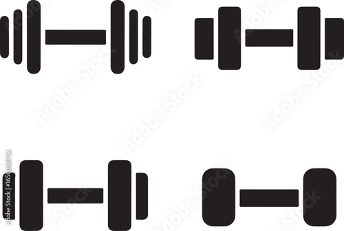 Four black silhouette dumbbells on white background for fitness weight exercise