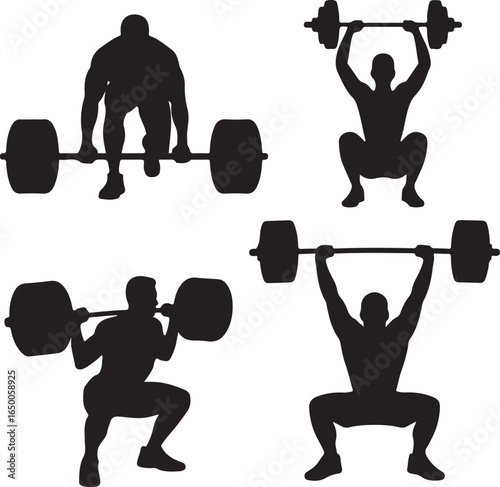 Four black silhouette weightlifters performing squats and deadlifts weightlifting barbell