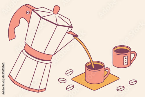 Pouring coffee from a moka pot into a cup with beans