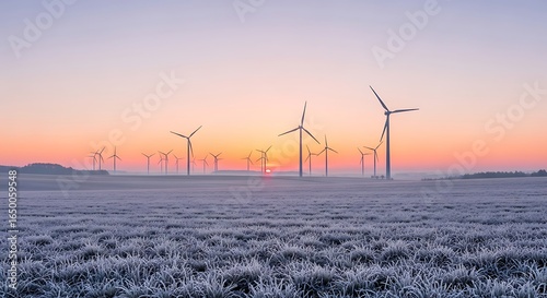 Wind turbines in a field covered with frost at sunrise. Clean energy concept.