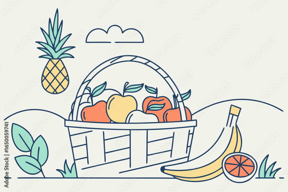 Fototapeta premium Stylized illustration of a fruit basket with pineapple banana and orange