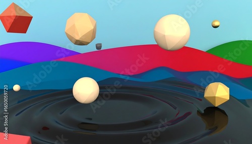 Colorful geometric shapes floating over a rippled surface.