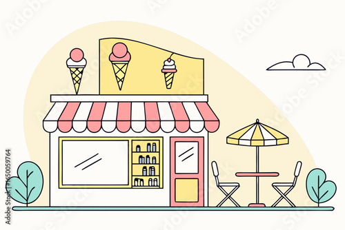 Charming ice cream shop with outdoor seating and colorful awning