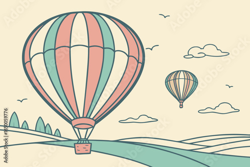 Two hot air balloons floating over a stylized landscape with birds and clouds