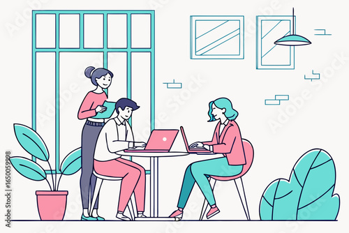 Diverse team collaborating on laptops in a modern office setting