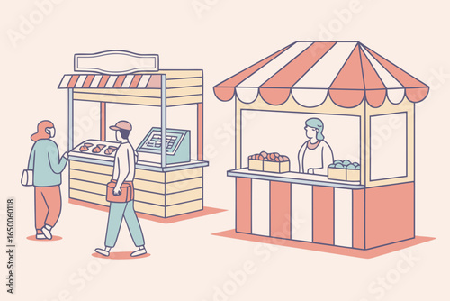 People shopping at outdoor market stalls selling produce and goods