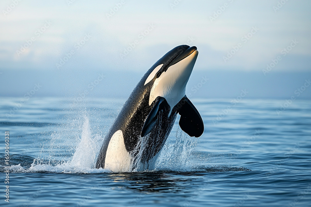 Fototapeta premium Sleek Orca Whale Emerging from the Sea in Motion