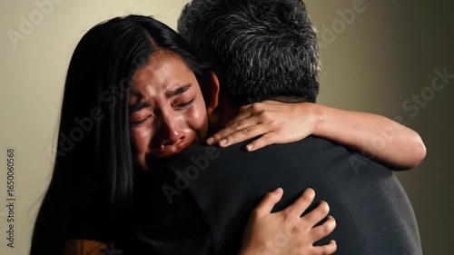 Empathy and Support: A tender embrace between two people, one person's face etched with tears and raw emotion, finds solace in the comforting hug of another person, a testament to human connection.
