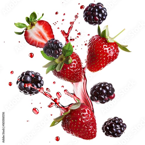 Fresh strawberries and blackberries in mid-air, surrounded by splashes of juice, against a white background