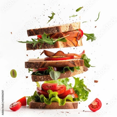 A multi-layered sandwich explodes into the air