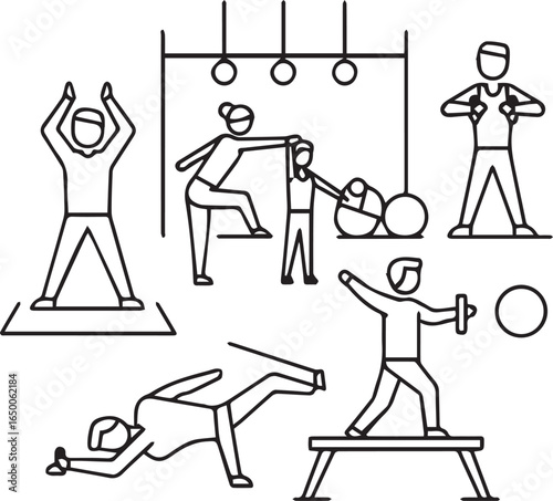 Dynamic vector illustration of people exercising in a modern gym setting, promoting fitness, health, and active lifestyle goals for commercial use