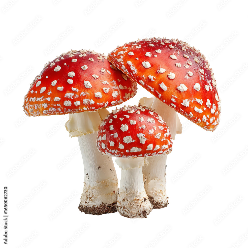 Obraz premium Vibrant Red Mushrooms: An eye-catching array of three vividly colored, speckled mushrooms. Displayed against a crisp backdrop, emphasizing their unique texture and striking beauty.