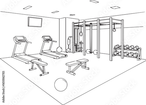 Modern gym interior illustration ready for a workout, featuring treadmills, weight racks, fitness equipment, and a motivational television screen, created from vector graphics