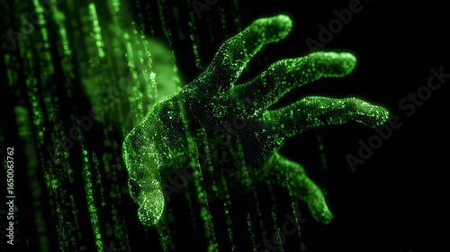 Obraz na płótnie Glowing green digital hand emerging from matrix code background 